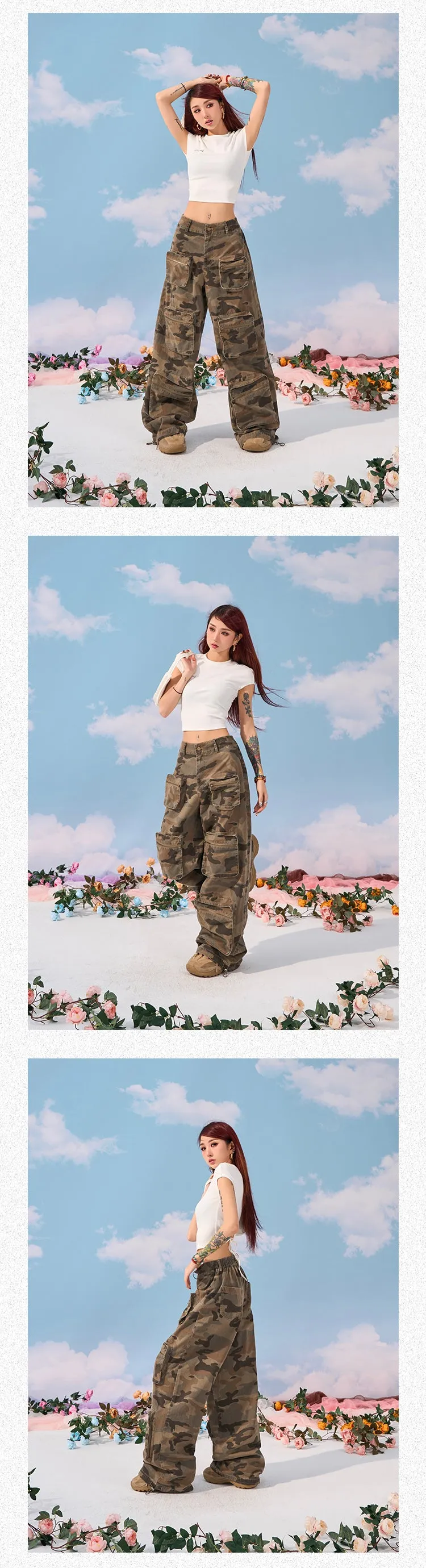 Zerocircle Camouflage Loose Multi-Pocket Straight Wide Leg Cargo Pants