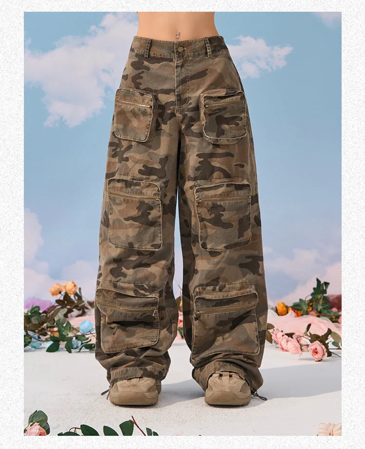 Zerocircle Camouflage Loose Multi-Pocket Straight Wide Leg Cargo Pants