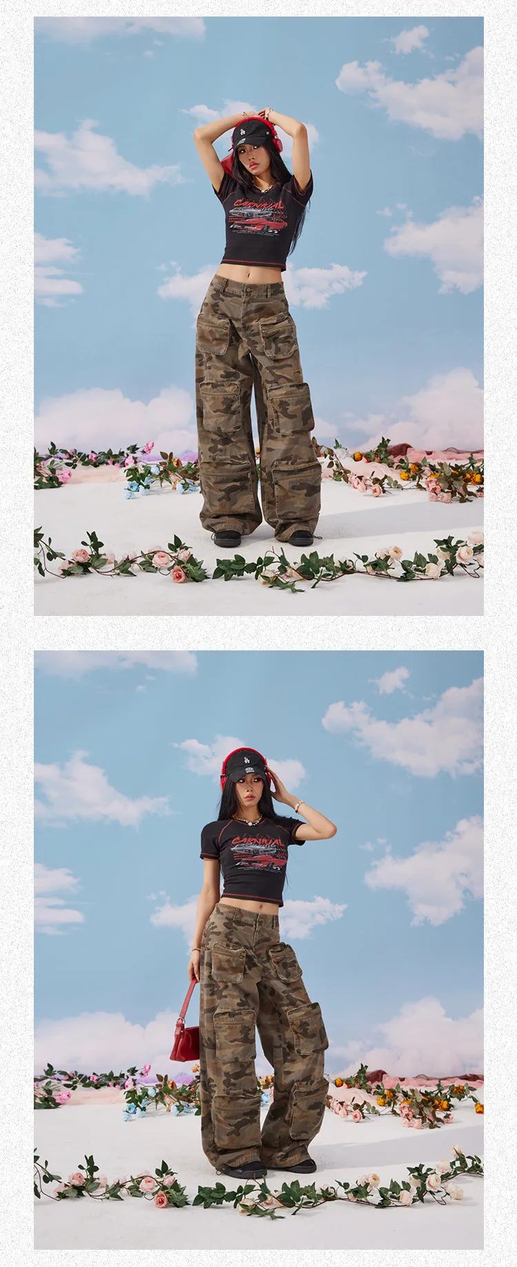 Zerocircle Camouflage Loose Multi-Pocket Straight Wide Leg Cargo Pants
