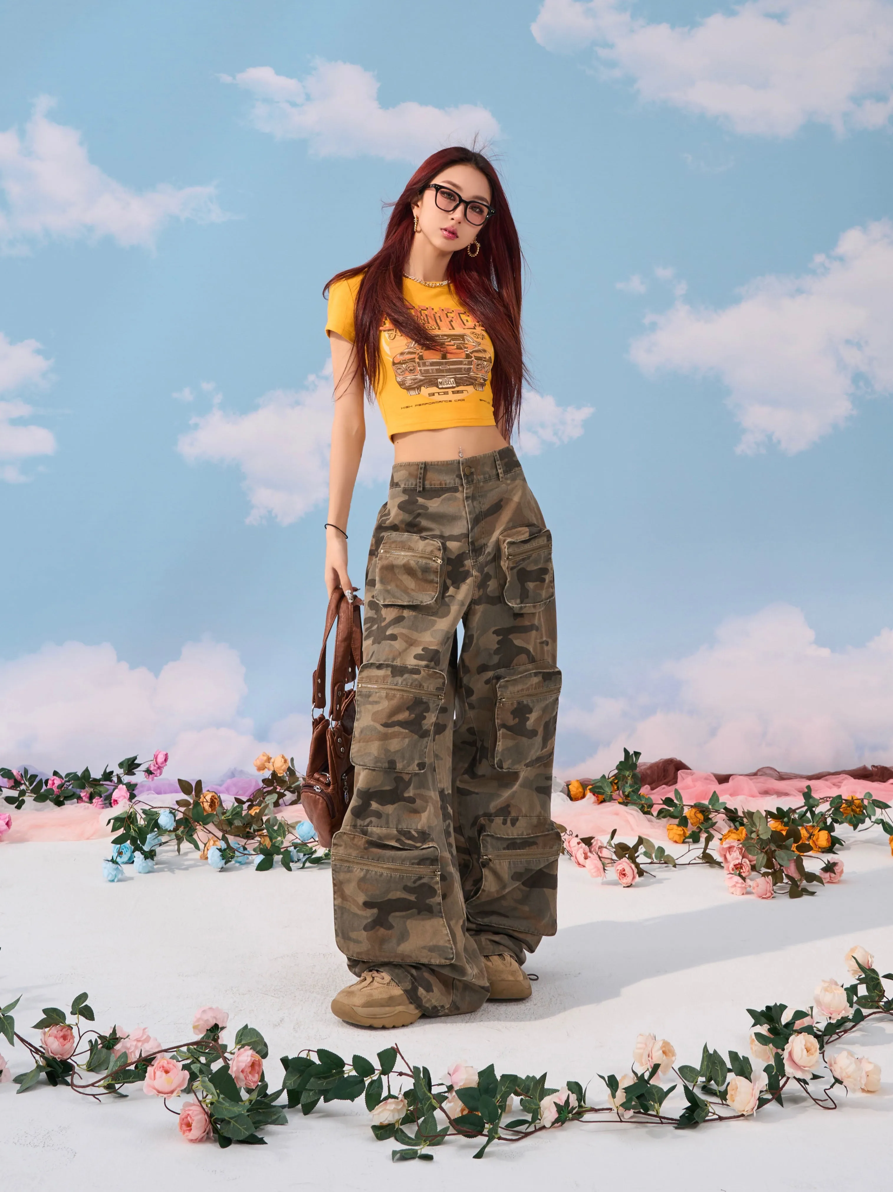 Zerocircle Camouflage Loose Multi-Pocket Straight Wide Leg Cargo Pants