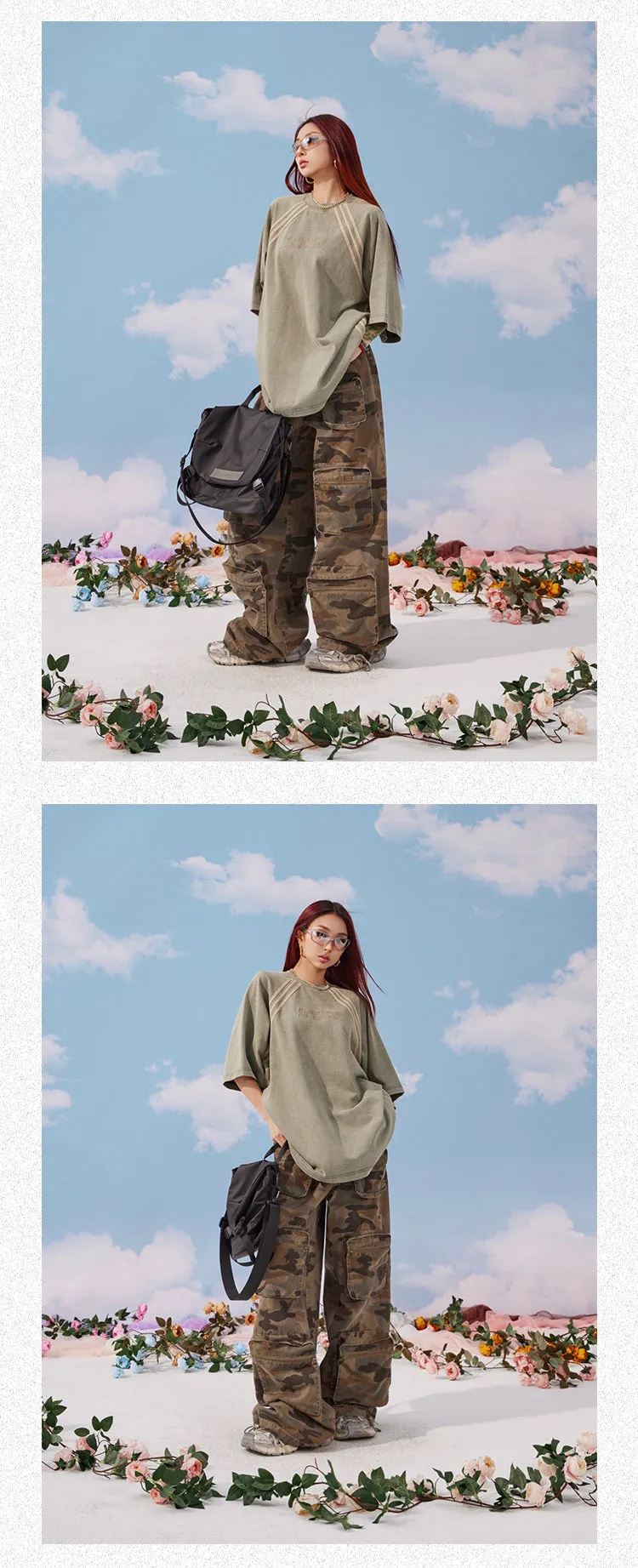 Zerocircle Camouflage Loose Multi-Pocket Straight Wide Leg Cargo Pants