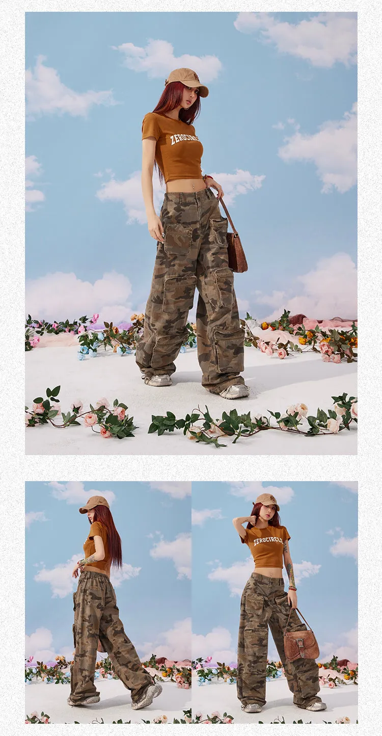 Zerocircle Camouflage Loose Multi-Pocket Straight Wide Leg Cargo Pants