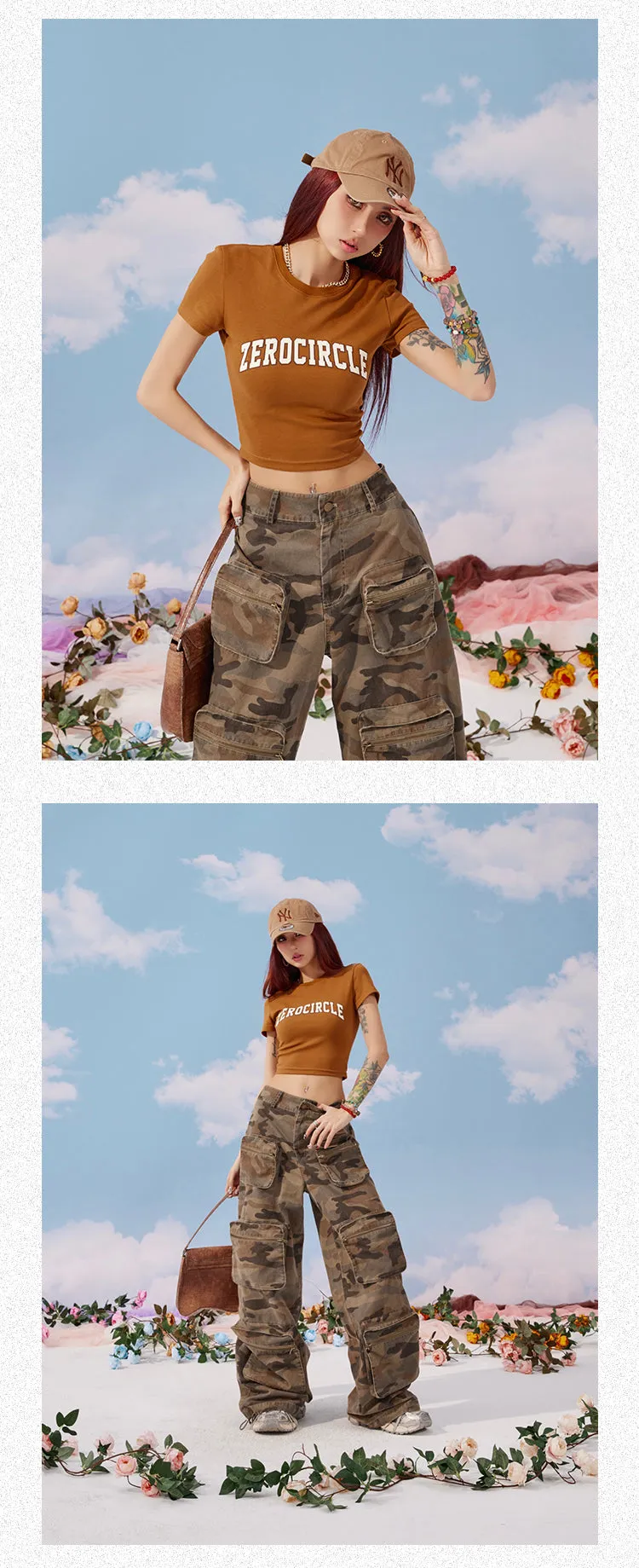 Zerocircle Camouflage Loose Multi-Pocket Straight Wide Leg Cargo Pants