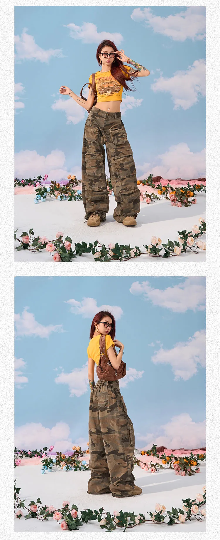 Zerocircle Camouflage Loose Multi-Pocket Straight Wide Leg Cargo Pants