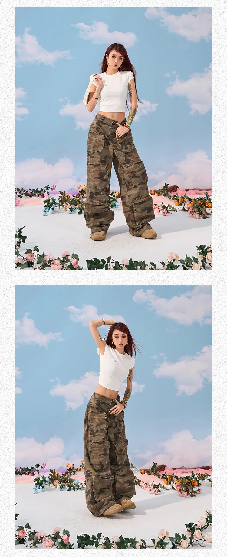 Zerocircle Camouflage Loose Multi-Pocket Straight Wide Leg Cargo Pants