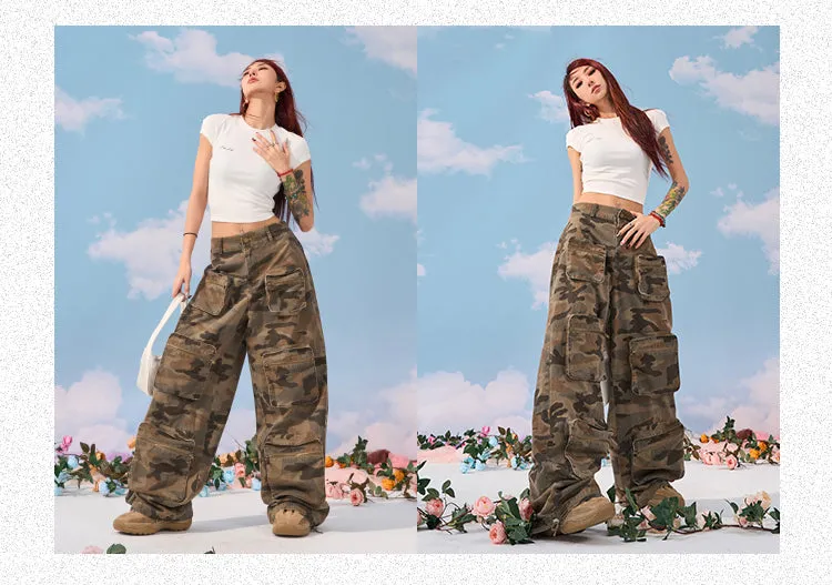 Zerocircle Camouflage Loose Multi-Pocket Straight Wide Leg Cargo Pants