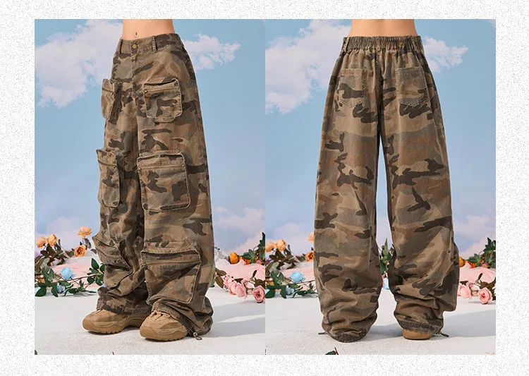 Zerocircle Camouflage Loose Multi-Pocket Straight Wide Leg Cargo Pants